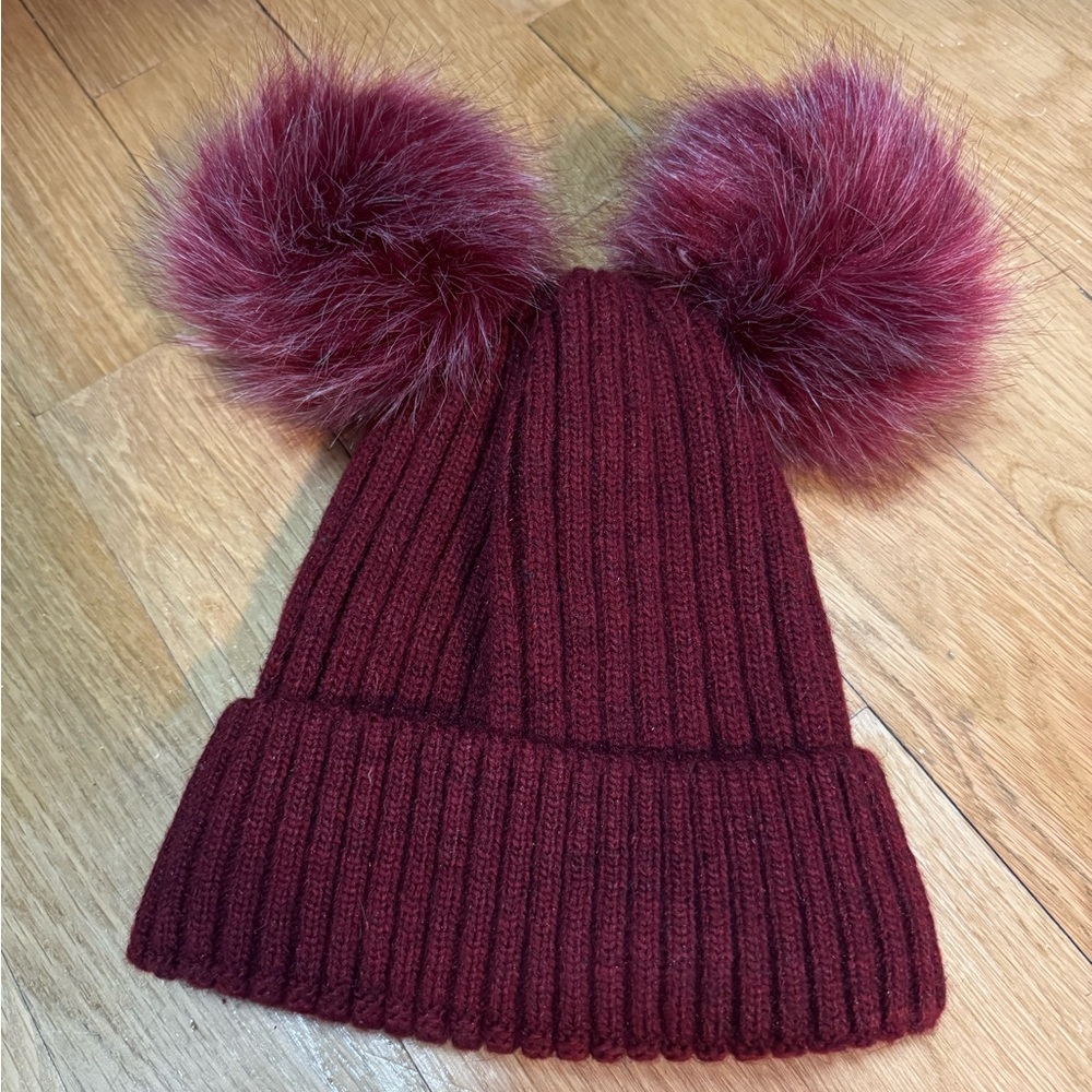 Pom Pom Beanie Hat - Burgundy